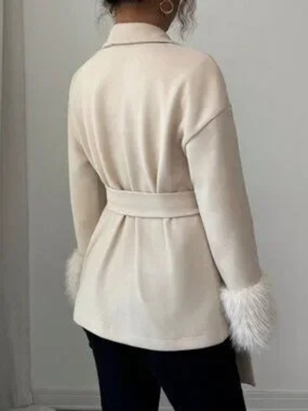 Beige Casual Women's Faux Fur Trim Tie-Front Collared Long Sleeve Woven Coat